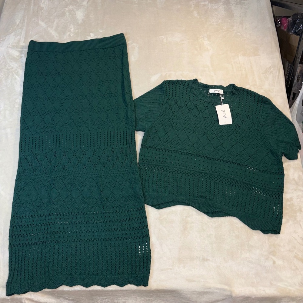 YVG Green Crochet Knit 2 Piece Set Boho Openwork Maxi Skirt & Top XXL fairy core